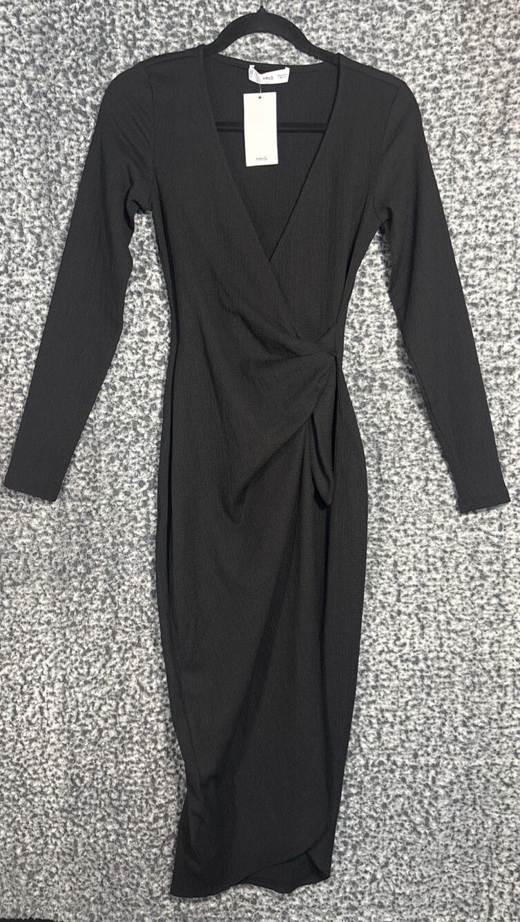 Mango MNG Draped Long Sleeve Faux Wrap Dress Black S
